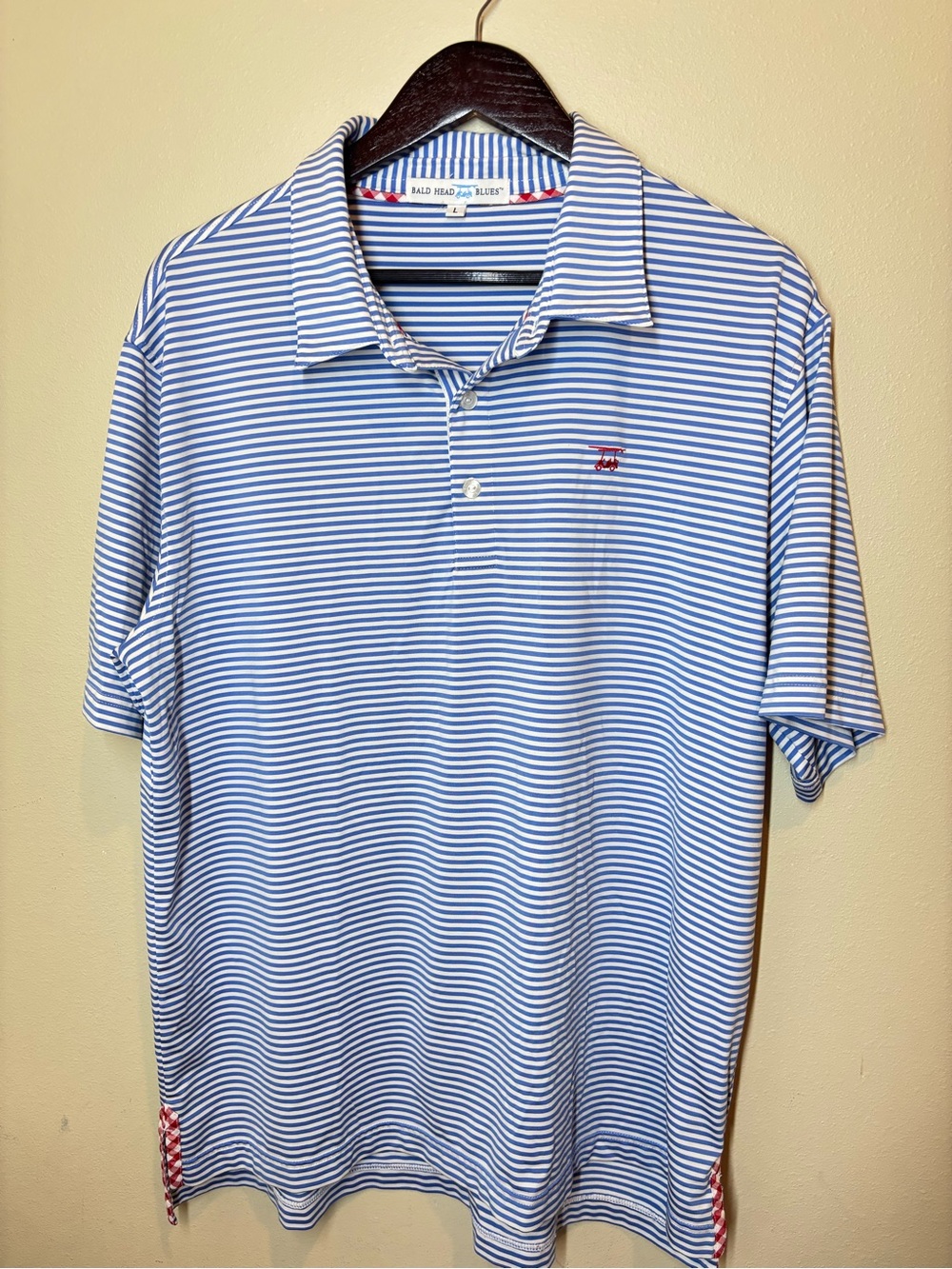 Bald Head Blues Men’s Blue & White Striped Golf Polo Shirt, Large
